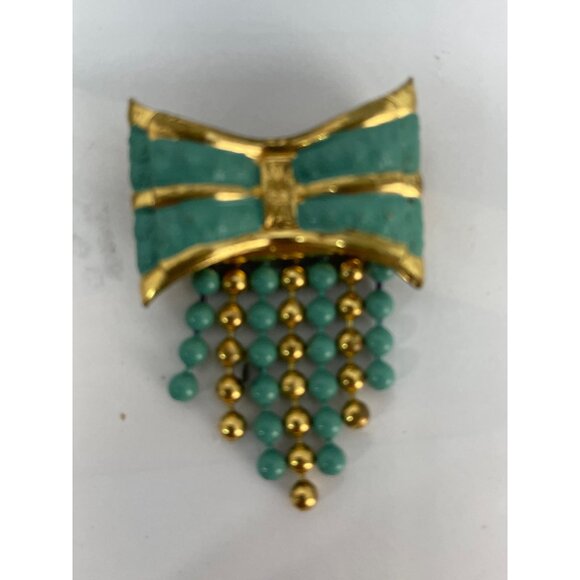 Gold & Faux Turquoise Broochs Vintage Pins Matching Bows Set of 2 - Picture 3 of 7